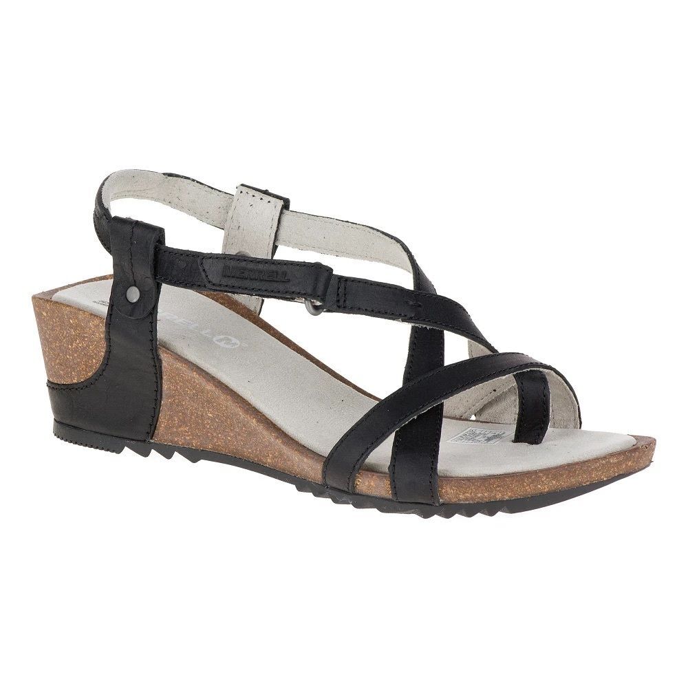 Merrell Womens Revalli Aura Post Strappy Wedge Sandals Black Leather No Size Tag